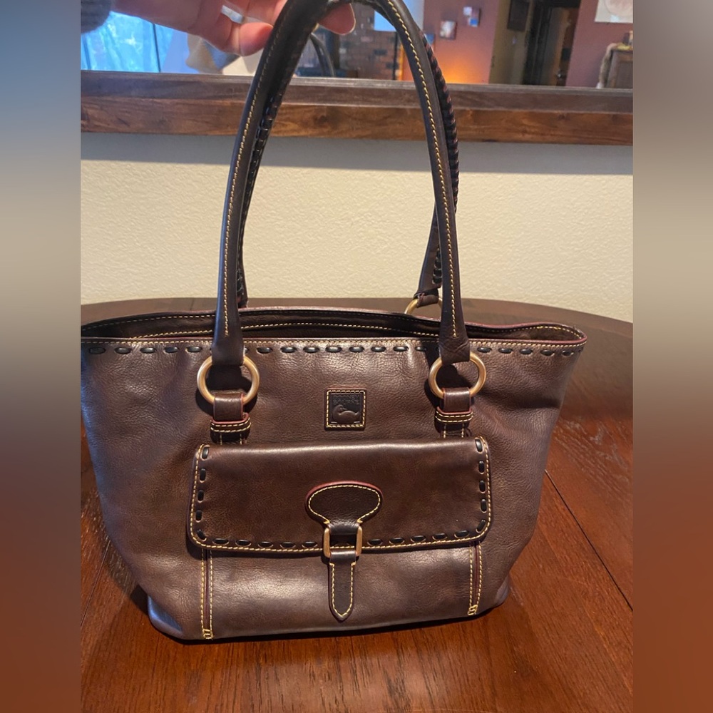 Dooney Bourke Dark Brown T’Moro Florentine Leather Large Front Pocket Tote Bag